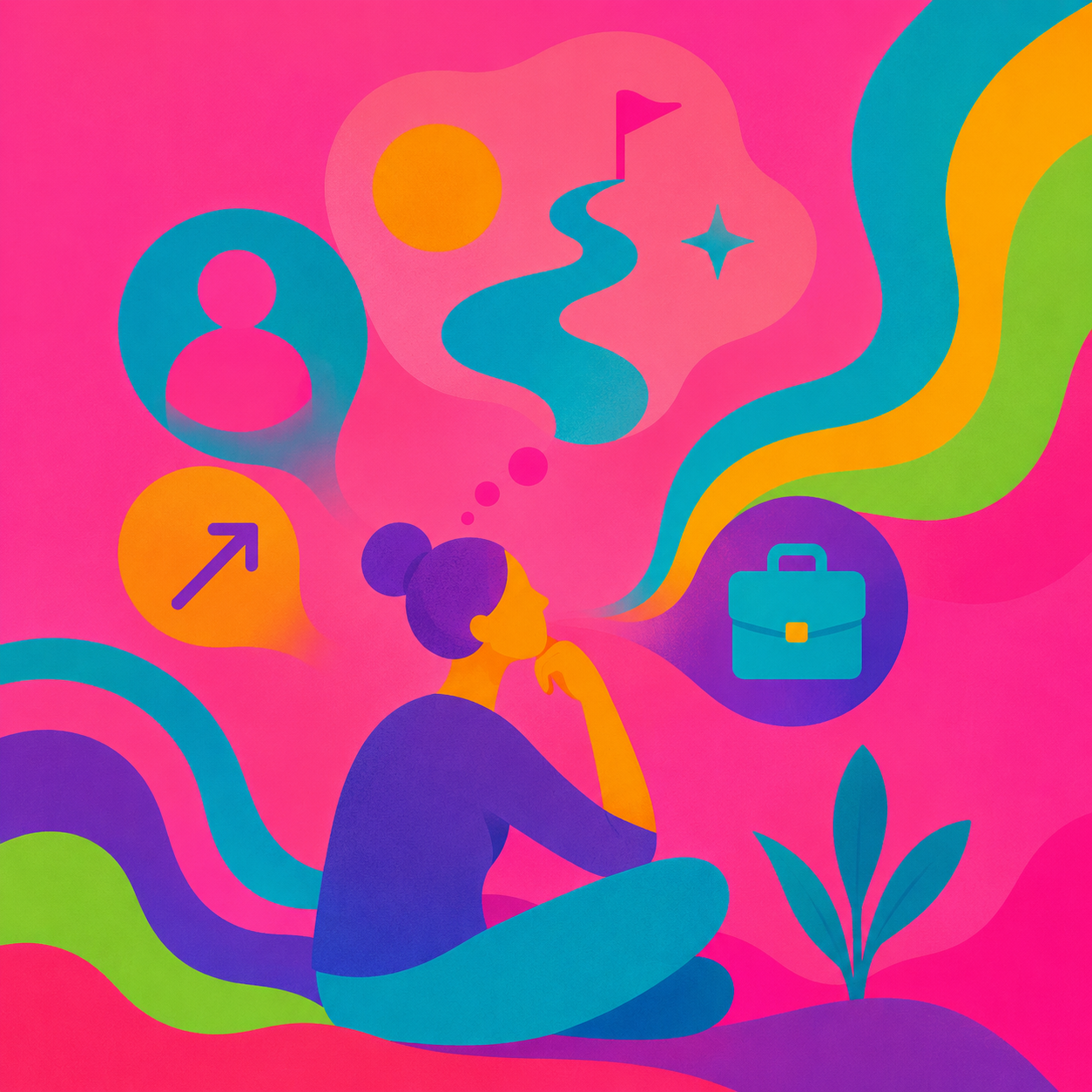 Woman sitting thoughtfully, surrounded by colorful thought bubbles showing career possibilities