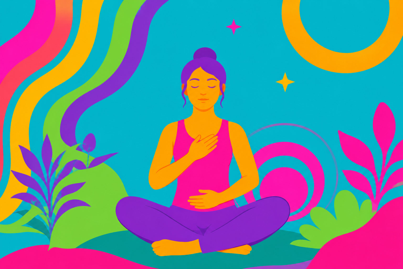 Woman in cross-legged meditation pose surrounded by colorful plants and rainbow swirls